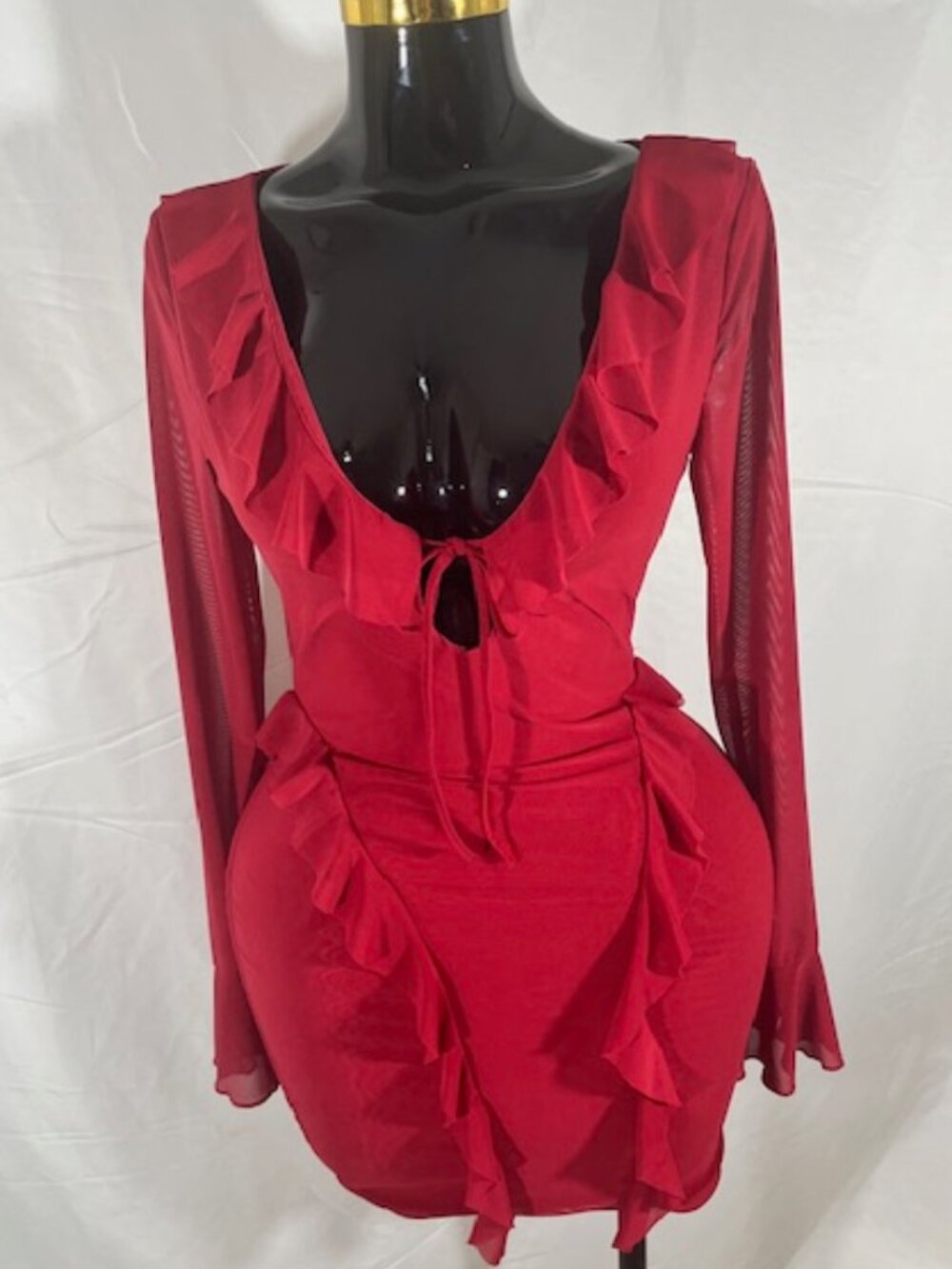 Shein Red Ruffle Bodycon Mini Dress with Sheer Sleeves - M